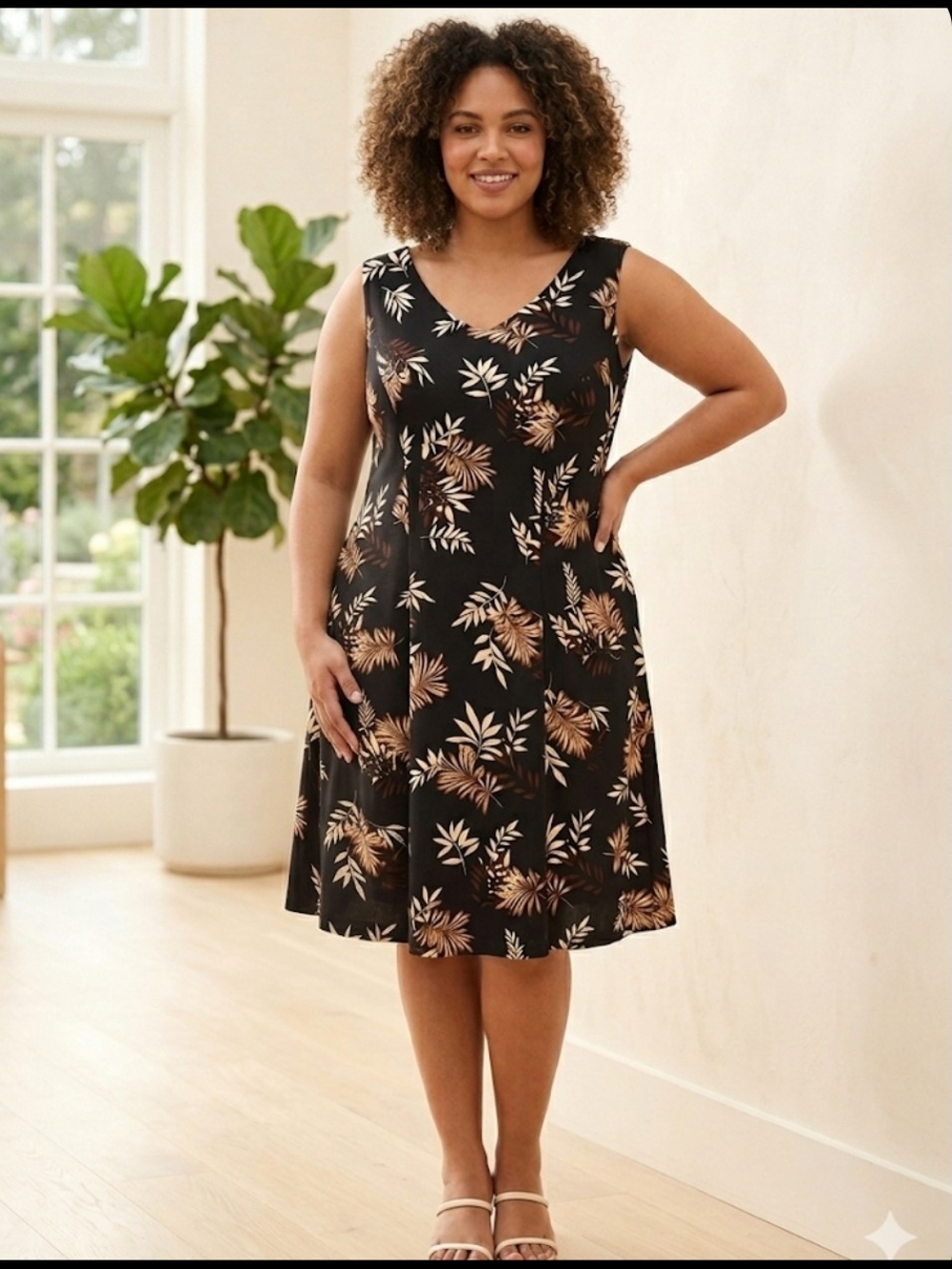 Dressbarn Black Tropical V-Neck Midi Dress with Tan Leaf Print-20W EUC